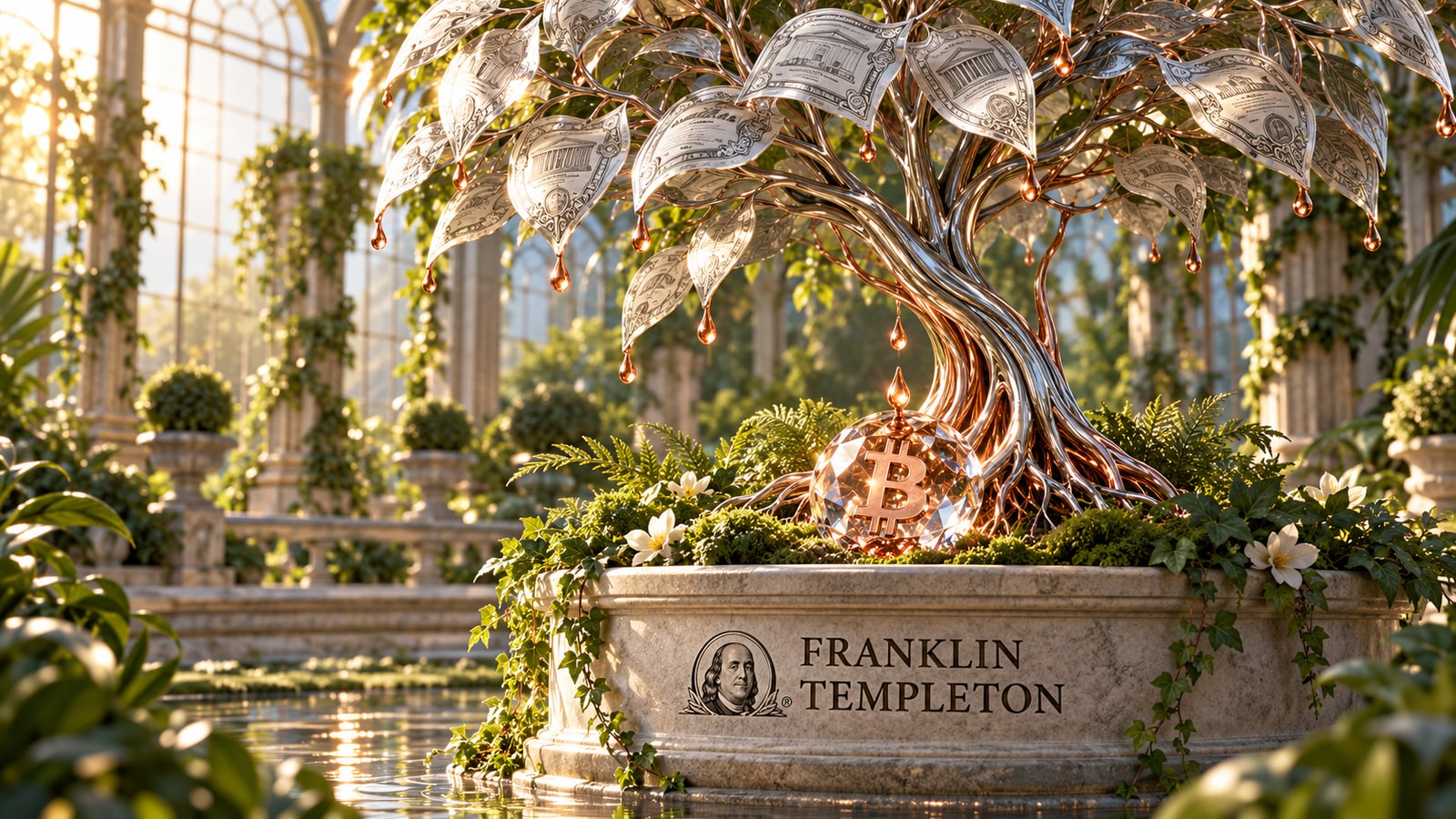 Franklin Templeton lanza dos ETF que reinvierten dividendos de acciones en bitcoin — ilustración conceptual original