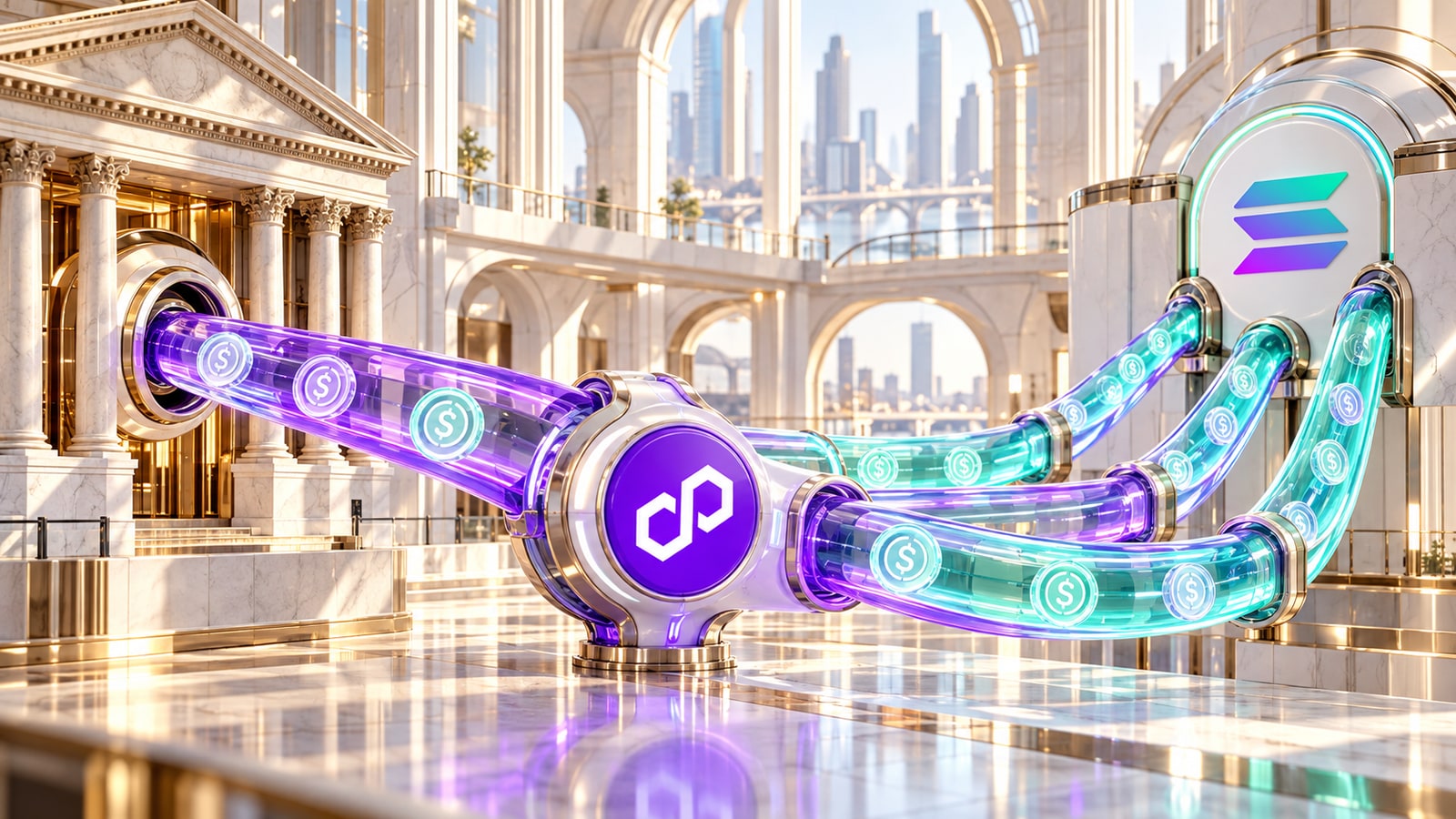 Polygon étend son Open Money Stack aux paiements sur Solana — illustration conceptuelle originale