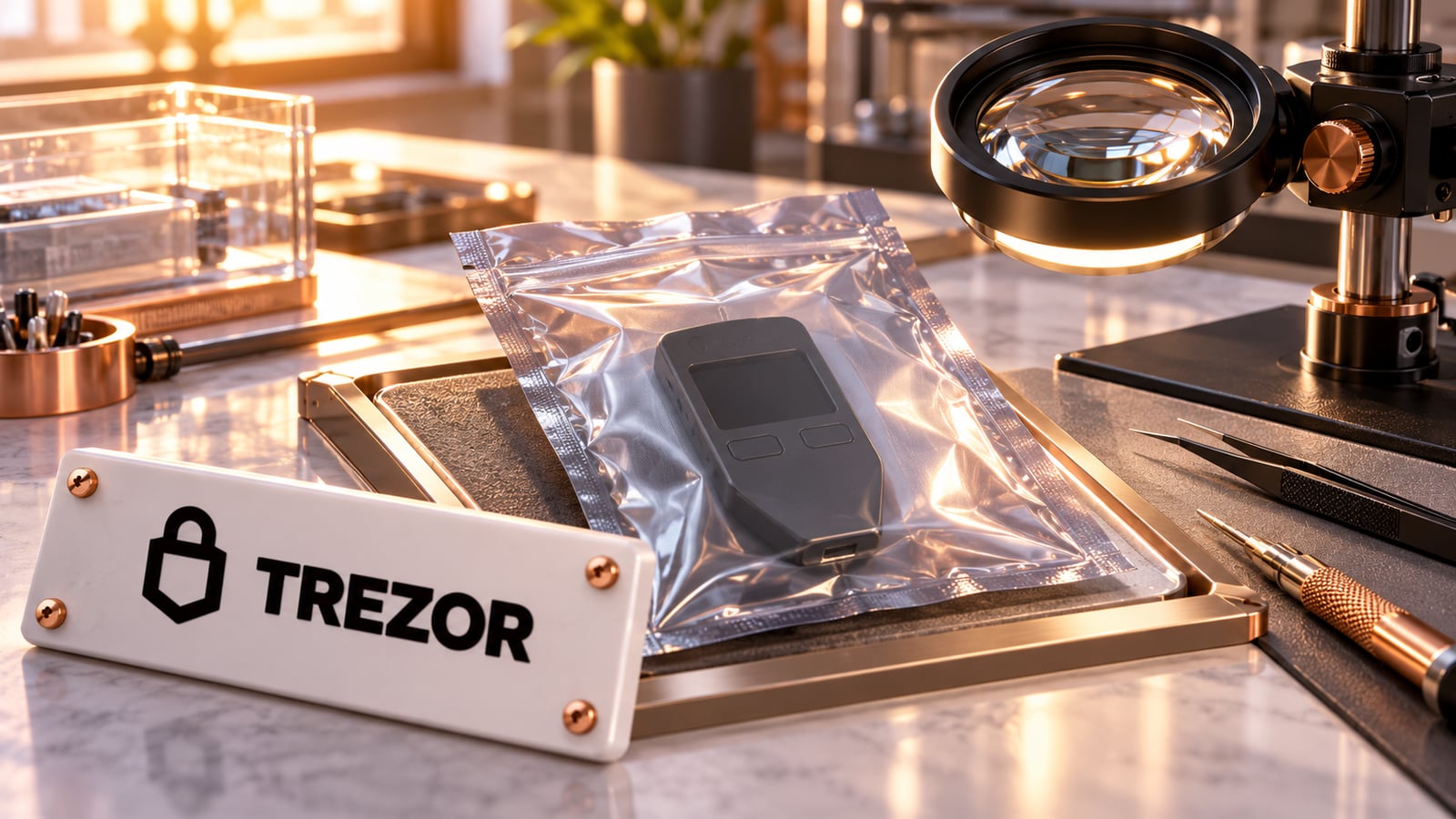 Trezor warns of a suspected implant in a device sold by CryptoBilis — original conceptual illustration