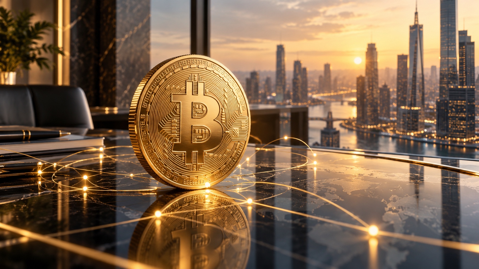 Bitcoin doré sur une table de marché, illustration conceptuelle