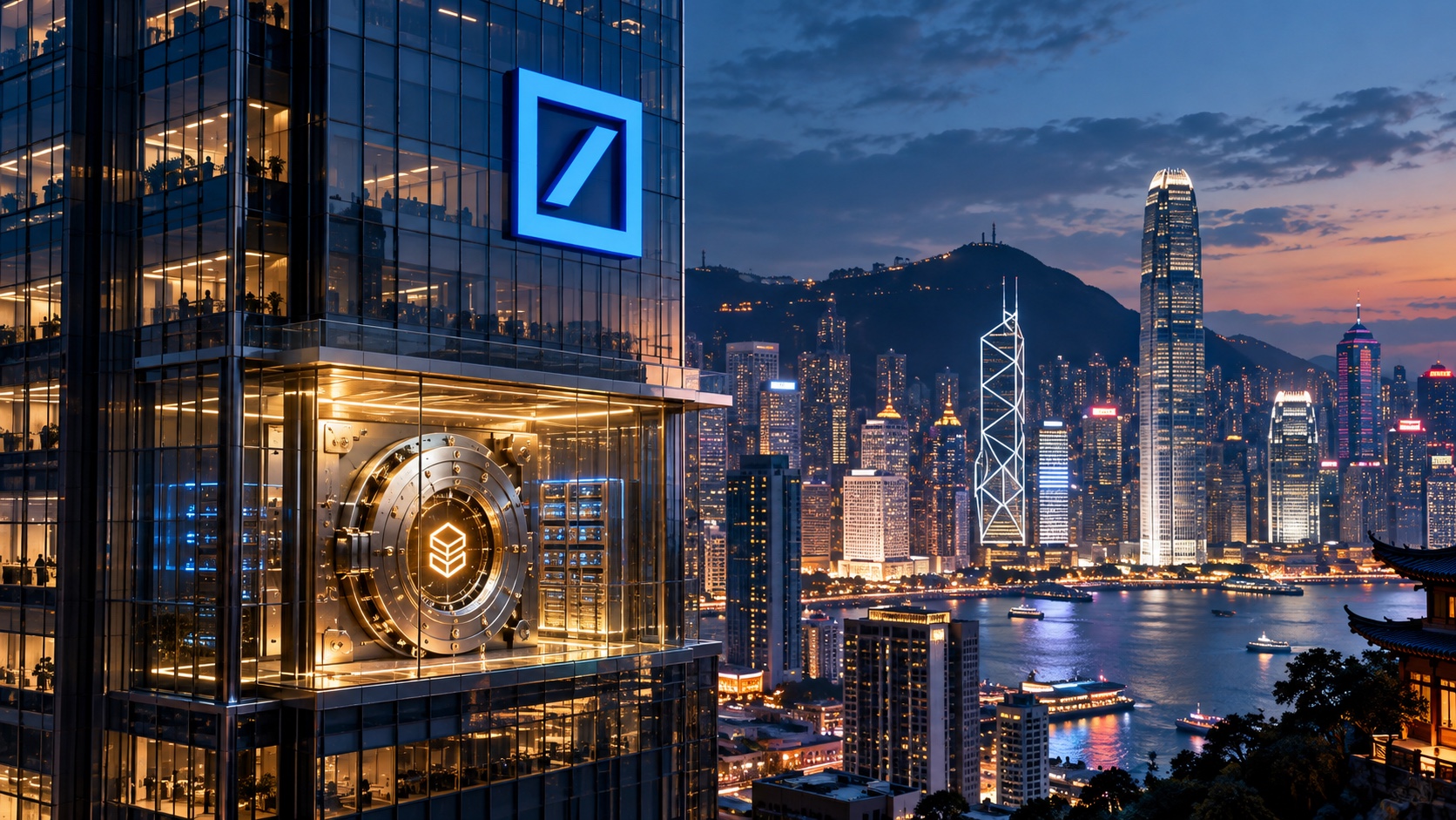 Emblème Deutsche Bank et coffre numérique dans une ville asiatique, illustration conceptuelle