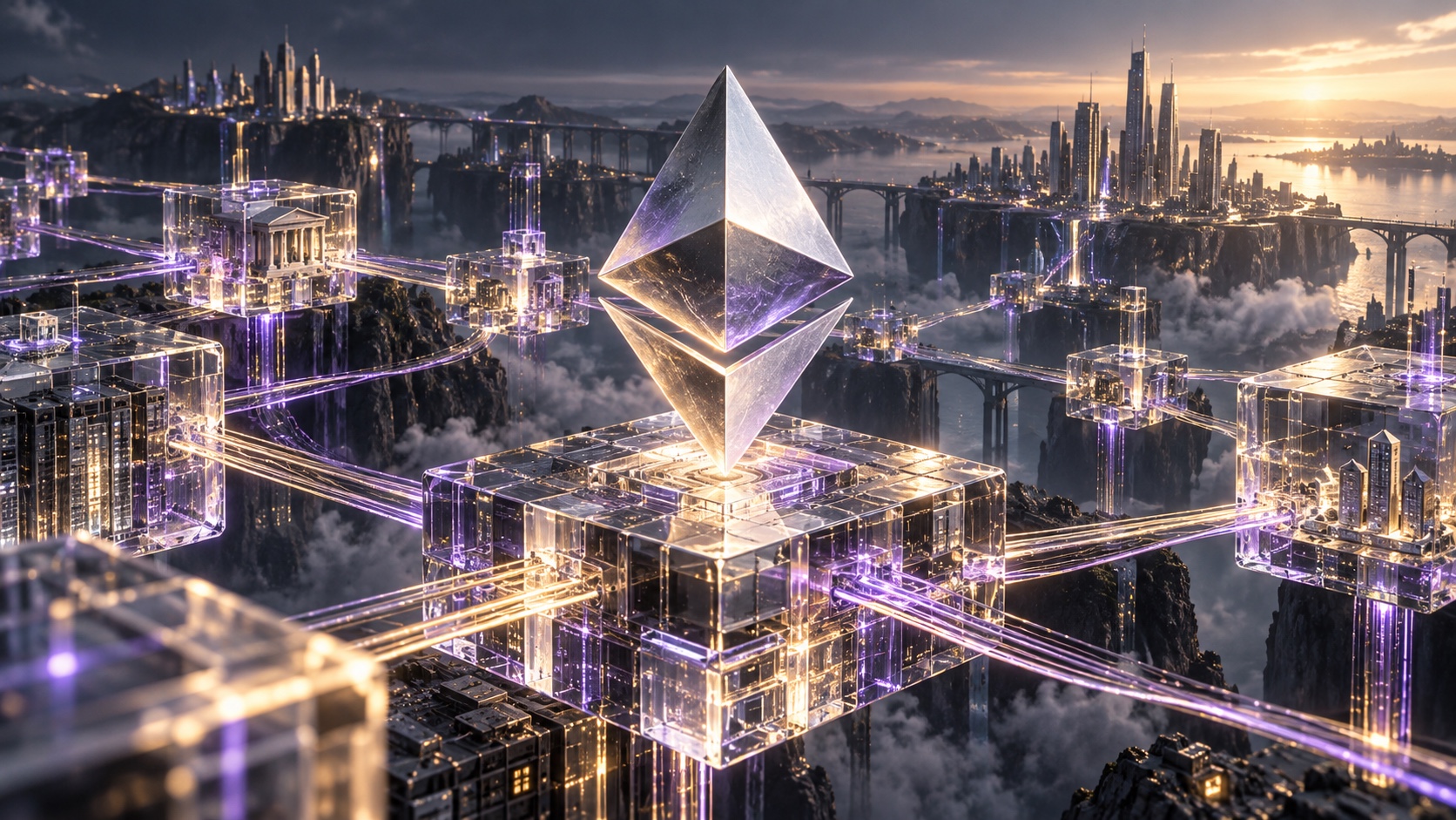 Réseau Ethereum et blocs reliés, illustration conceptuelle