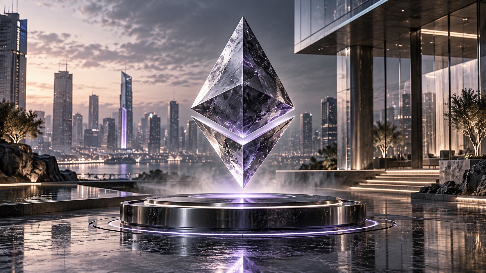 Emblème Ethereum en cristal et architecture, illustration conceptuelle