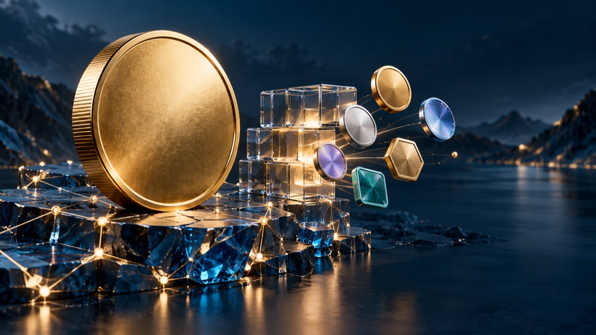 Un coin natif et plusieurs tokens sur une infrastructure partagée, illustration conceptuelle