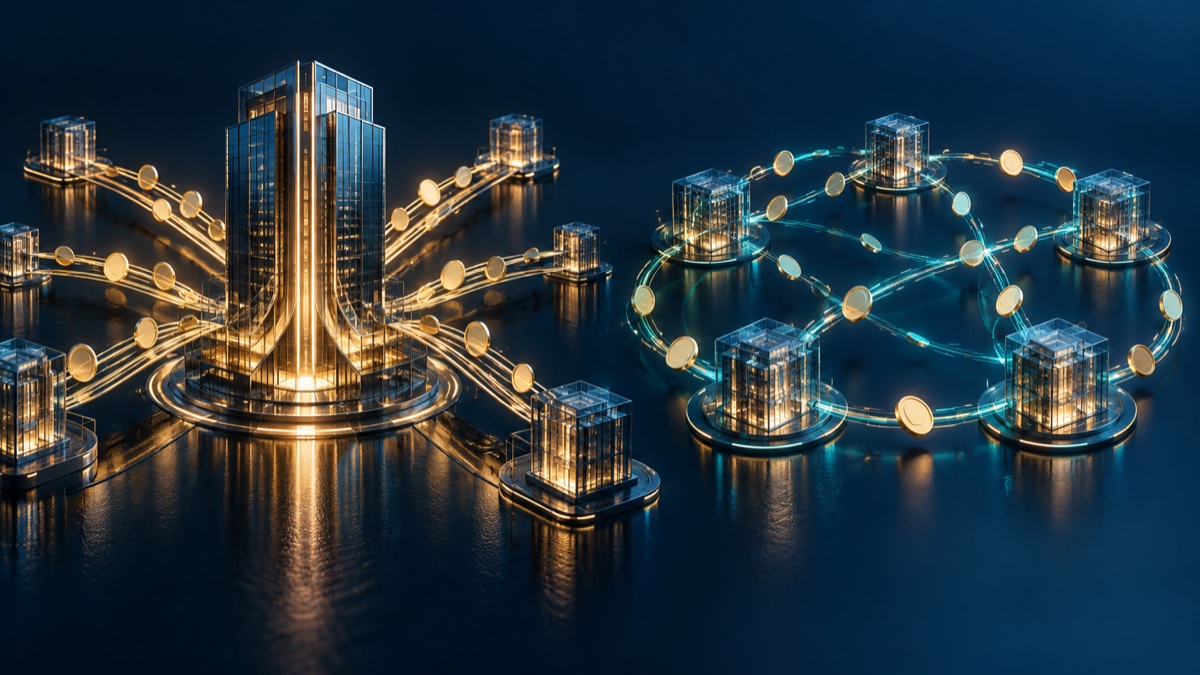Une plateforme centrale et un réseau d’échange décentralisé, illustration conceptuelle