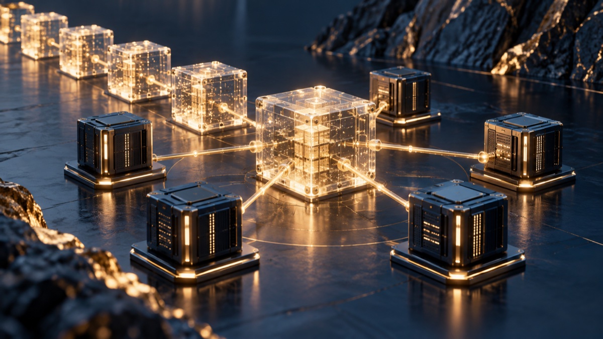 Des blocs reliés et plusieurs ordinateurs partagent un registre, illustration conceptuelle