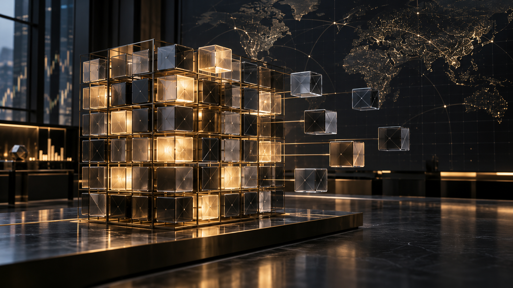Matrice de cubes sélectionnés et exclus devant un réseau mondial, illustration conceptuelle