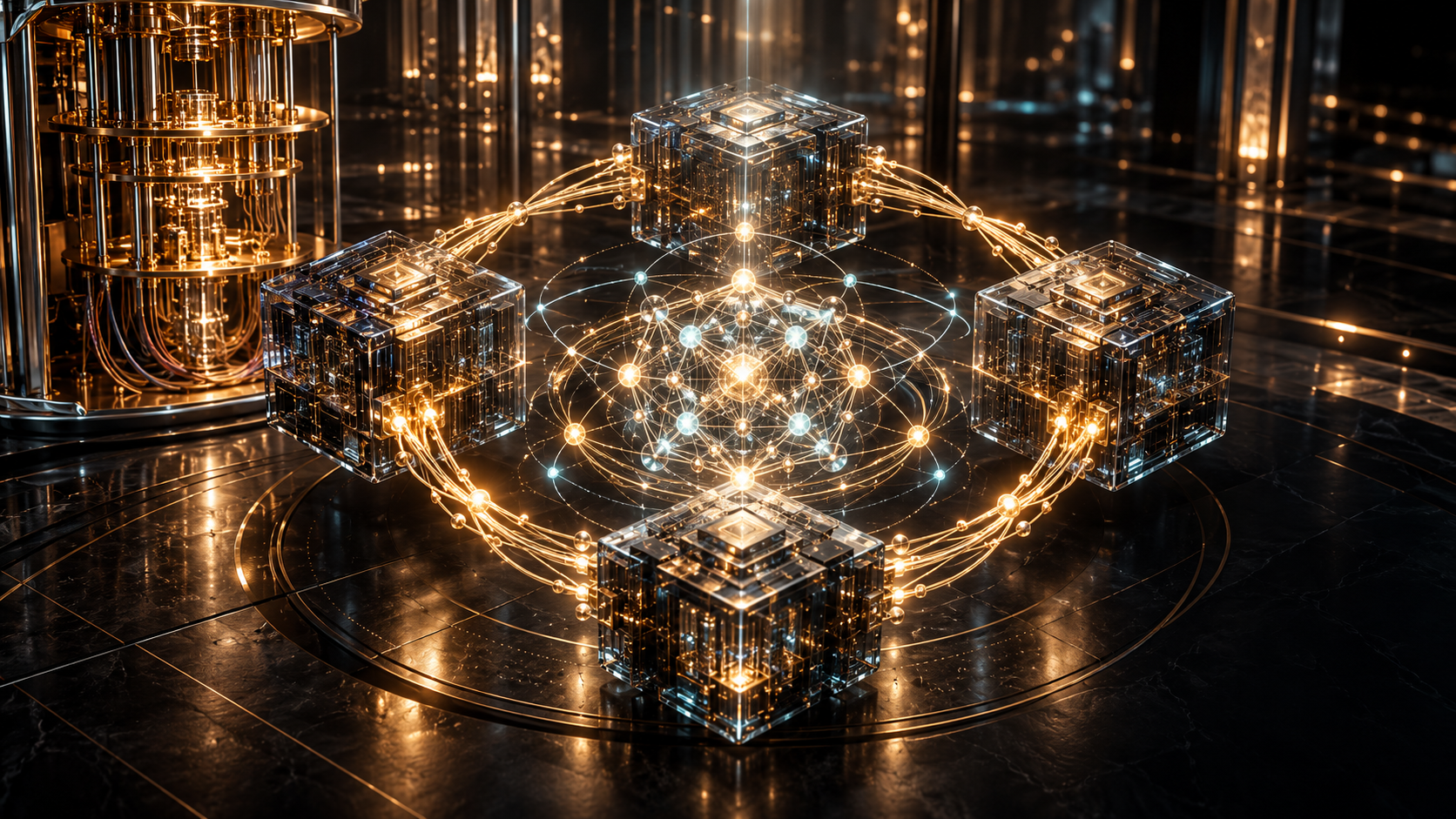 Quatre structures blockchain reliées autour d’un réseau de qubits, près d’un ordinateur quantique, illustration conceptuelle