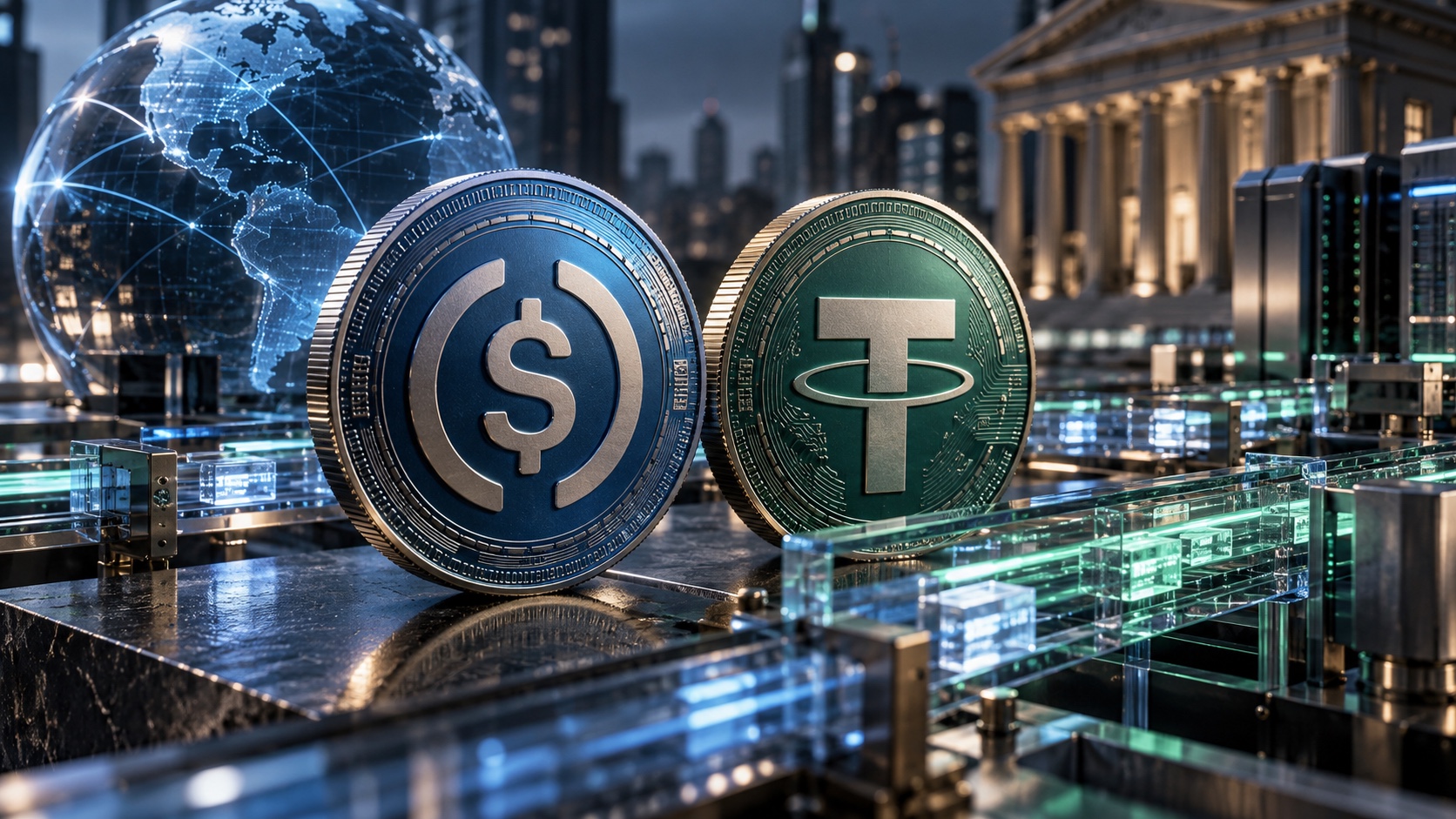 Jetons USDC et USDT sur des rails de paiement, illustration conceptuelle